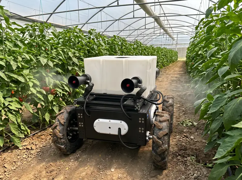 Robotun sera sıraları arasında ilaçlama yaptığını gösteren görselleştirme
